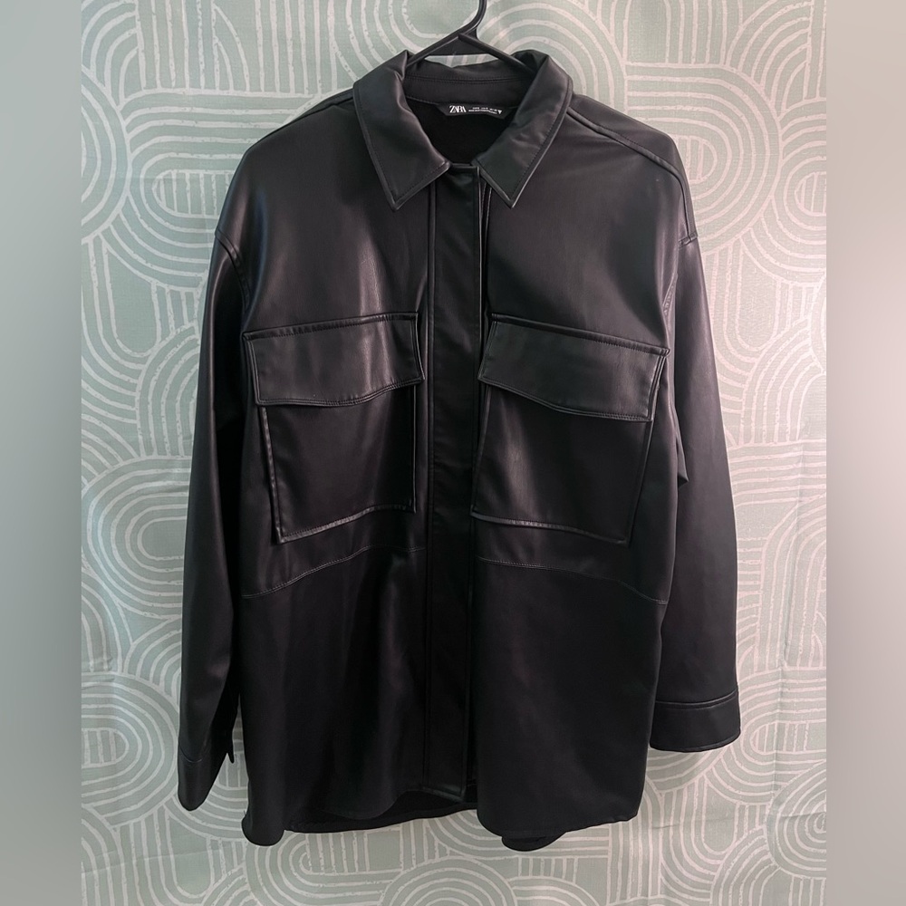 Zara Black Faux Leather Oversized Shacket Size Small